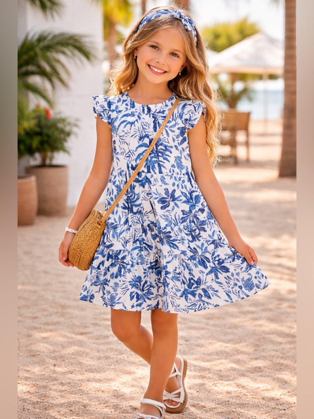 Girls Blue Tropical Print Dress | Ruffle Sleeve Summer Sundress | Size 10